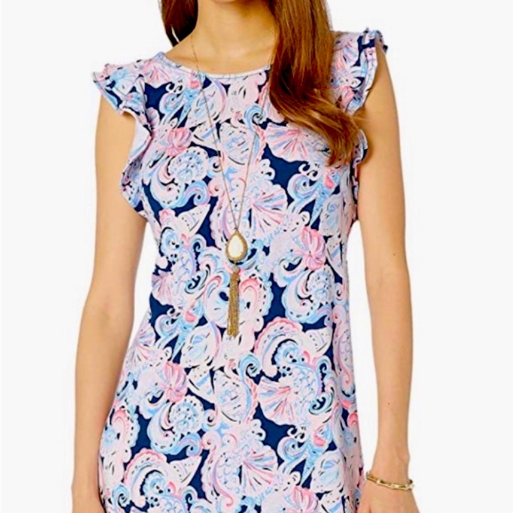 Lilly Pulitzer
20" Swing fit, jewel neck dress with double layer flounce sleeves
